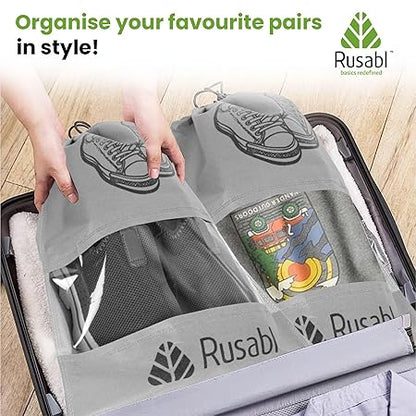 Rusabl Shoe Bag for Travel (Pack of 12, Black) Non Woven, See Through Window, Drawstring Closure, Travel Organiser Pouch for Women & Men Sports Shoes, Sandals, Slippers, Footwear Cover for Travelling