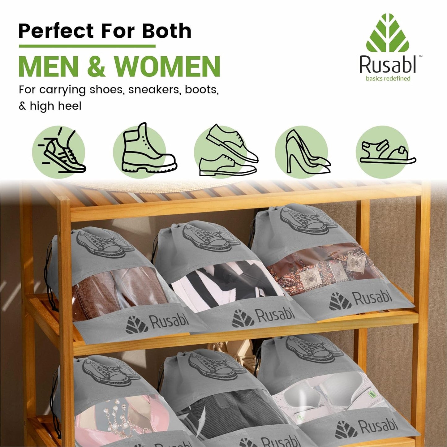 Rusabl Shoe Bag for Travel (Pack of 12, Black) Non Woven, See Through Window, Drawstring Closure, Travel Organiser Pouch for Women & Men Sports Shoes, Sandals, Slippers, Footwear Cover for Travelling