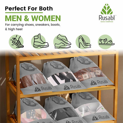 Rusabl Shoe Bag for Travel (Pack of 12, Black) Non Woven, See Through Window, Drawstring Closure, Travel Organiser Pouch for Women & Men Sports Shoes, Sandals, Slippers, Footwear Cover for Travelling