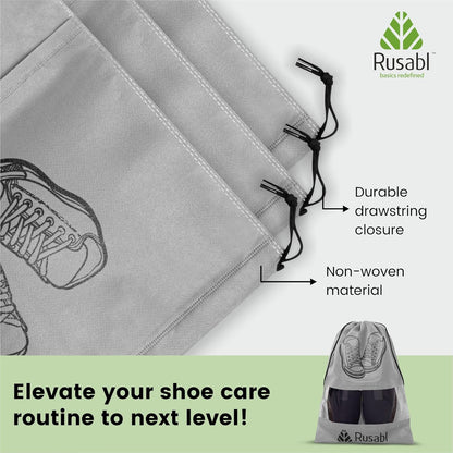 Rusabl Shoe Bag for Travel (Pack of 12, Black) Non Woven, See Through Window, Drawstring Closure, Travel Organiser Pouch for Women & Men Sports Shoes, Sandals, Slippers, Footwear Cover for Travelling