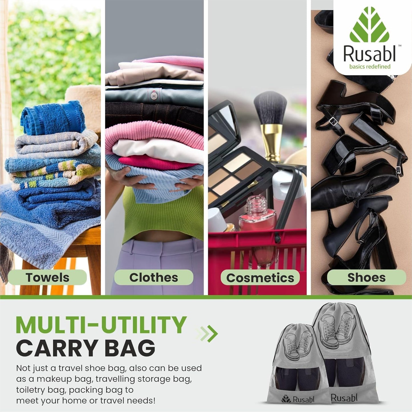 Rusabl Shoe Bag for Travel (Pack of 12, Black) Non Woven, See Through Window, Drawstring Closure, Travel Organiser Pouch for Women & Men Sports Shoes, Sandals, Slippers, Footwear Cover for Travelling