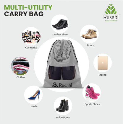 Rusabl Shoe Bag for Travel (Pack of 12, Black) Non Woven, See Through Window, Drawstring Closure, Travel Organiser Pouch for Women & Men Sports Shoes, Sandals, Slippers, Footwear Cover for Travelling